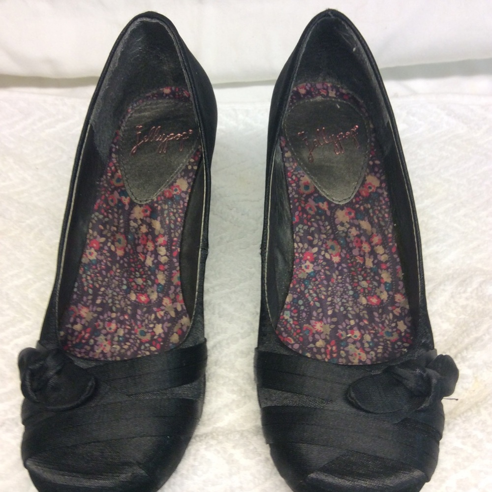 Jellypop Black Satin Kitten Heel Shoes